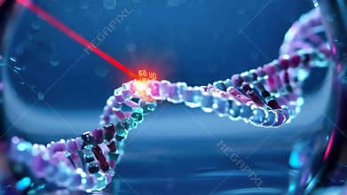 3D animation of DNA helix modified by red laser beam with glowing digital data hologram in gene editing process