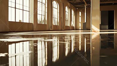 Empty industrial hall with large arched windows and golden light reflections