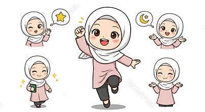 Cartoon Muslim Girl in Various Expressions
