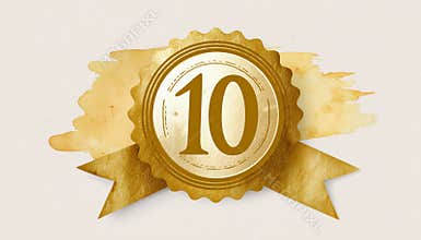 Golden 10th Anniversary Logo With Ribbon And Celebration Elements