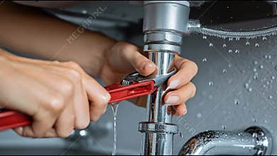 Plumber Repairing Kitchen Sink Pipe With Wrench Fixing Water Leak Under Sink Professional Plumbing Maintenance At Home Close Up