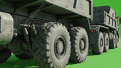 Detailed Photorealistic CGI Animation of a Military Truck Convoy Wheels and Chassis on a Vibrant Green Screen Background Ideal for