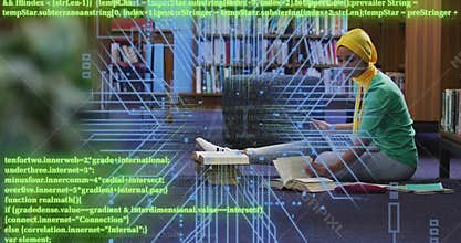 Typing woman in yellow hijab on laptop with books in library, code overlay, copy space