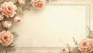 Soft pastel floral frame borders vintage beige background. Delicate rose blooms and leaves create elegant ornate card for