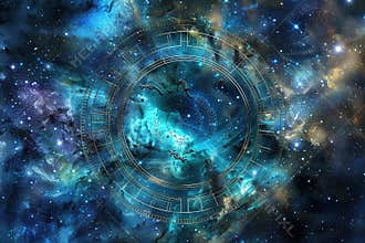 Abstract composition with zodiac circle in signs and symbols