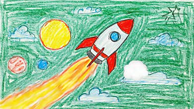Stop motion animation of a child\'s crayon drawing of a rocket in space