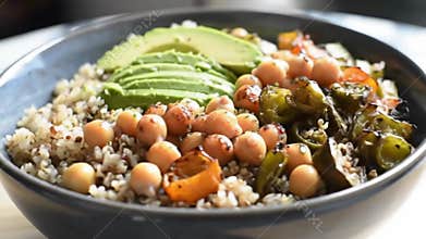 Close-up view of a delicious vegan grain bowl with quinoa, roasted chickpeas, bell peppers and avocado slices on a gray plate,
