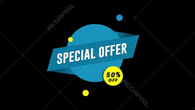 Blue Badge Special Offer 50% Discount Animation on Black Background