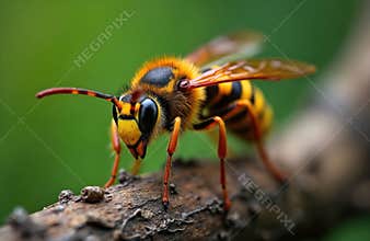 Close-up macro illustration of Asian hornet, Vespa velutina, perched on leafless tree branch. Invasive insect striking yellow,
