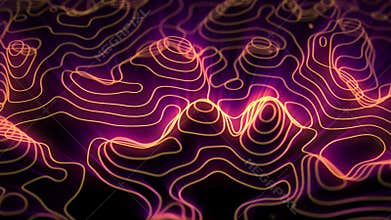 Looped digital terrain background with glowing contour lines and neon topographic map effect