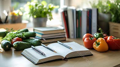 Books are stacked next to fresh vegetables on a light wooden table with pens ready for writing, illuminated by sunlight