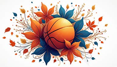 Vibrant basketball illustration with floral patterns, autumn leaves. Dynamic composition blends orange, blue, fall colors.