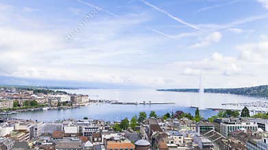 Panoramic view of city of Geneva, the Leman Lake and the Water