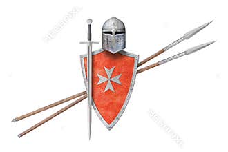 red shield decorated with a cross helmet sword and two spears isolated on white