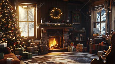 Christmas room filled with warm light from fireplace surrounded by decorations and gifts. Snowy scene visible through