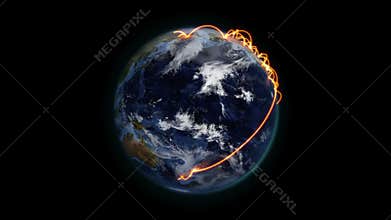 Cloudy Earth with orange connections in movement with Earth image courtesy of Nasa.org