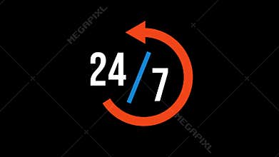 Orange 24 7 Badge Animation Video on Black Background Nonstop Service and Customer Support