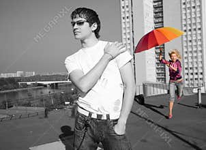 Girl running to the man