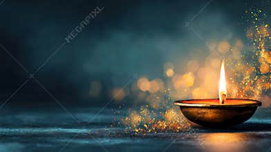 Diwali oil lamp illuminates the scene with a warm glow, set against a dark backdrop