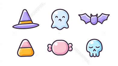 Cute and colorful Halloween-themed illustrations featuring a witch hat, ghost, bat, candy, and skull
