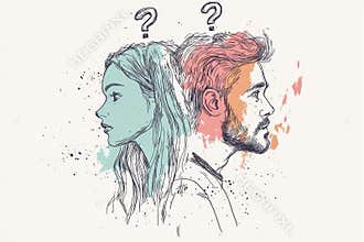 Young frustrated couple man and woman cartoon characters standing touching faces feeling doubt with question marks above