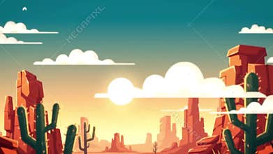Animated Desert Landscape: Sunrise over Cacti and Red Rock Formations