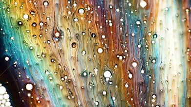 Abstract macro of vibrant colorful liquid flowing down a textured wall surface