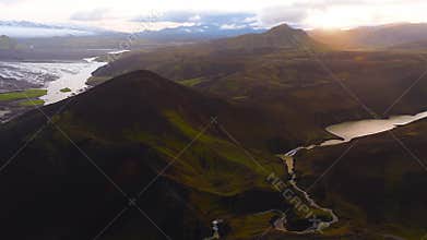 Aerial View of Maelifell Volcano, Rivers, and Lakes at Sunset