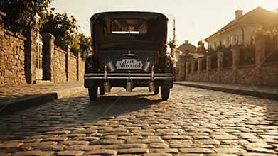 Vintage \"Just Married\" Car Driving Away on Cobblestone Road