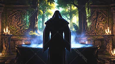 Cinematic scene of a robed figure gazing into a magical basin with changing fantasy visions