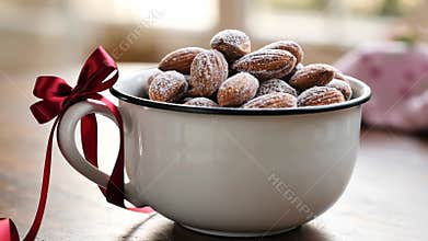 AI Almonds fill cup with ribbon