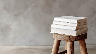 Four Stacked Books on a Rustic Wooden Stool Against a Textured Wall in a Cozy Indoor Setting