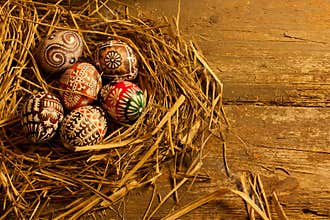 Easter eggs on wooden table