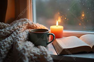 Cozy Reading Nook with Tea, Candle, and Open Book by Window