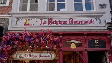 BRUGES, BELGIUM - SEPTEMBER 15, 2025 - La Belgique Gourmande storefront in Bruges, Belgium