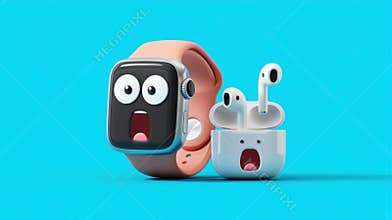 Funny cartoon smartwatches and wireless headphones with surprised faces on a blue background, ?reative ?echnology ?oncept