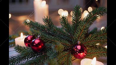 Christmas decorations adorning pine branches, sparkling candles and twinkling lights casting warm holiday glow
