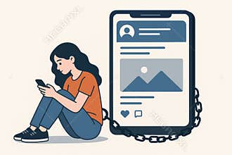 Young woman chained to oversized mobile phone, depicting digital dependency and constant social media engagement through symbolic