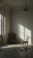 Desolate Room with Antique Chairs and Sunlight Shadows
