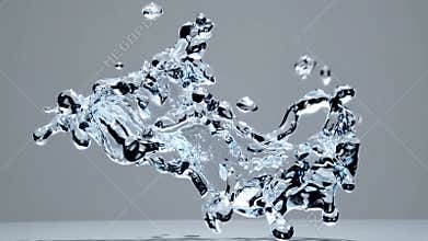 Water splash bursting dynamically, revealing intricate liquid patterns and droplet formations against minimalist neutral backdrop