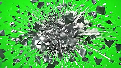 Shards of explode metallic debris sky scatter dramatically over a bright green background, creating a Generative AI