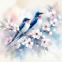 Two birds are perched on a branch of a cherry tree