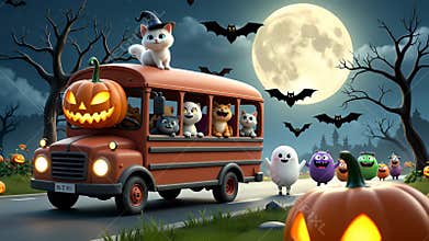 Halloween pumpkin bus cat witch ghost children trick or treat night moon pumpkin bus cat witch hat ghost moon bat road night cute