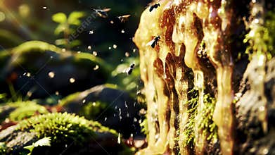 Golden Sap Flows Down a Mossy Tree Trunk Visited by Bees in Sunlit Forest Close Up. Animation of Bee Gathering Sap from Tree on a