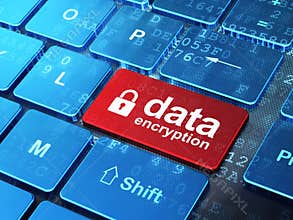 Privacy concept: Closed Padlock and Data Encryption on computer keyboard background
