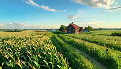 Scenic view of a farmhouse nestled in a lush green field with a vibrant blue sky and wispy clouds on a sunny afternoon