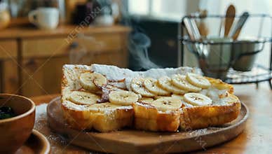 Delicious french toast topped with fresh banana slices and powdered sugar served on a wooden plate for a delightful breakfast