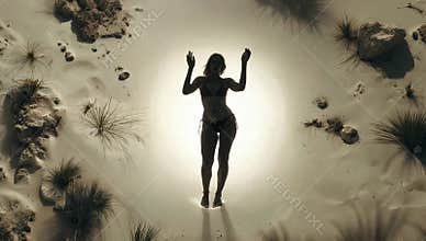 Silhouette of a woman in a bikini standing on a sandy beach with arms outstretched against a bright sunlit background scene