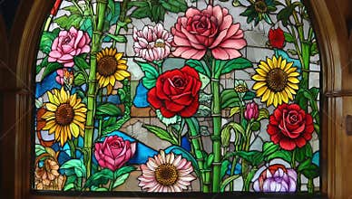 Vibrant stained glass window featuring roses sunflowers and bamboo creates a colorful floral display with artistic detail