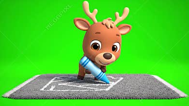 Animated Brown Reindeer Mascot Drawing Box with Blue Crayon on Gray Rug Isolated by Green Screen a Playful 3D Rendering Character